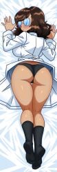 2d_(artwork) ass behind_view big_breasts bodypillow brown_hair emotionless emotionless_female female female_only glasses human interloper_(series) lingerie mynokis5 pussy skyghost_(interloper) solo solo_female underwear white_coat