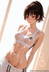 1girl ai_generated arms_behind_back bangs blush breasts brown_hair cleavage closed_mouth collarbone kermixx makoto_niijima medium_breasts navel persona persona_5 ponytail red_eyes see-through shiny shiny_skin short_hair solo sports_bra stomach sweat web_address wet wet_clothes