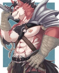 alpha_channel anthro black_hair canid canine canis chest_hair furry furry_only lee_(zark) male male_only mammal muscles muscular_male nipple_piercing nipples red_body red_eyes red_fur scar scar_on_face tatto werewolf wolf