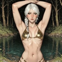 1girls ai_generated armpits bra braid breasts cd_projekt_red ciri falewii female forest freckles freckles_on_breasts freckles_on_face green_eyes light-skinned_female light_skin looking_at_viewer mascara outdoors scar solo solo_female swimsuit the_witcher_(series) the_witcher_4 white_hair