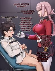 1girl ai_generated aibby blush blushing breasts caption chastity chastity_cage chastity_device cuck cuckold cuckolding dialogue edited fate/grand_order fate_(series) female femdom florence_nightingale_(fate) fujimaru_ritsuka_(male) half_naked humiliation imminent_chastity presenting_chastity_cage small_penis small_penis_humiliation sph text tiny_penis uncensored watermark