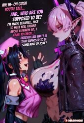 2026 2d 2girls absurd_res absurd_resolution absurdres ai_generated black_gloves black_hair black_lips blush breast_press breasts cleavage comic demon_girl demon_horns earrings elbow_gloves english_text fate/grand_order fate_(series) fingerless_gloves flying_sweatdrops from_side gloves hat height_difference hi_res high_quality high_resolution high_school_dxd highres horns huge_breasts image jacket jewelry large_breasts lilith_(fate) long_hair looking_at_another maddogai multiple_girls navel open_mouth patreon patreon_username pink_eyes pink_hair pointy_ears ponytail serafall_leviathan shiny_skin sweat sweatdrop sweating sweaty sweaty_body twintails uncensured watermark wet wet_body