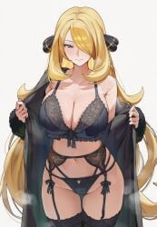 1girls ai_generated big_breasts blonde_hair circle_ueponzu cynthia_(pokemon) huge_breasts lingerie pokemon underwear