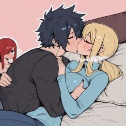 1boy 2girls ai_generated black-haired_male black_hair blonde-haired_female blonde_hair erza_scarlet fairy_tail gray_fullbuster lewd lucy_heartfilia naughty red-haired_female red_hair sensual sexy