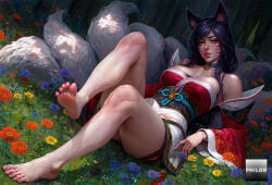 1girls ahri ahri_(league_of_legends) ai_generated animal_ears bare_legs bare_shoulders barefoot black_hair breasts cleavage detached_sleeves facial_mark feet flower forest fox_ears fox_tail korean_clothes large_breasts league_of_legends legs lips long_hair looking_at_viewer lying multiple_tails nature on_back outdoors parted_lips philon soles solo stable_diffusion tail toes whisker_markings yellow_eyes