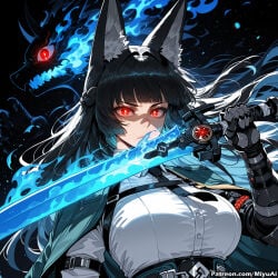 1girl ai_assisted ai_generated animal_ears bangs black_hair breasts curvaceous curvy curvy_female curvy_figure female fox_ears gloves holding holding_weapon hoshimi_miyabi large_breasts long_hair looking_at_viewer miyuai red_eyes shirt solo sword thick thick_ass thick_butt thick_hips thick_legs thick_thighs upper_body voluptuous voluptuous_female weapon white_shirt wide_hips wide_thighs zenless_zone_zero