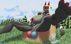 absurd_res andromorph anthro balls big_(disambiguation) breasts delzagate dragon female female/female forest genitals hi_res intersex male male/female mythological_creature mythological_scalie mythology nipple_piercing nipples nude penis piercing plant scalie sky solo summer tree