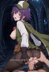 ai_generated ariavisions breasts_out cum_in_pussy drooling girl_on_top green_cap male_pov my_gift_lvl9999_unlimited_gacha purple_hair red_eyes sex short_hair spread_ass suzu_(mugen_gacha) torn_clothes vaginal_penetration