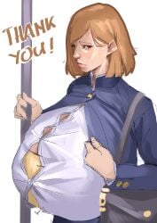 1girls bag big_breasts breasts brown_hair button_down_shirt coat dvn female huge_breasts jujutsu_kaisen kugisaki_nobara nervous_expression shy