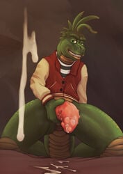 absurd_res anus ass bodily_fluids bottomless clothed clothing cum dinosaur dinosaurs_(series) hi_res lizardlars male male_only musk penis reptile robbie_sinclair scalie scent solo sweat wet