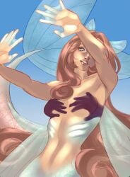 breasts breasts_out callimara dark_orange_hair fish_tail gills ineffective_censorship long_hair naked naked_female nude nude_female one_eye_covered one_eye_obstructed one_eye_visible petite petite_body petite_female shadow_hands_challenge smile smiling_at_viewer tanned_skin
