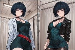 1girl ai_generated ass belt big_ass big_breasts big_hips black_dress black_eyeshadow black_hair black_lip black_lips black_lipstick black_makeup blue_hair bob_cut breasts brown_eyes cleavage dark_blue_hair doctor dress emotionless emotionless_female eyebrows eyelashes female female_focus female_only goth goth_girl goth_makeup gothic gothic_girl gothified green_dress hospital jacket leather leather_clothing leather_jacket long_hair looking_at_viewer loose_belt medium_breasts medium_hair navel persona persona_5 persona_5_royal red_belt smooth_skin solo solo_female solo_focus tae_takemi velfur_(artist)