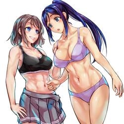 2girls abs big_breasts black_sports_bra blue_eyes blue_hair blush blushing bra breasts brown_hair busty cleavage clothing collarbone curvy eyelashes female female_only fit fit_female fully_clothed grey_skirt hand_on_abs hand_on_another's_shoulder hand_on_another's_stomach hand_on_own_thigh huge_breasts large_breasts legs_together long_hair looking_at_another looking_down love_live! love_live!_sunshine!! matsuura_kanan misogi muscles muscular muscular_female nails navel nipple_outline open_mouth panties parted_bangs pleated_skirt ponytail purple_bra purple_panties purple_underwear sexually_suggestive shiny_hair shiny_skin short_hair skirt smile smiling sports_bra standing surprised thighs underwear undressing voluptuous watanabe_you white_background yuri