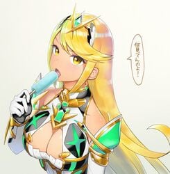 armor bangs bare_shoulders blonde_hair breasts cleavage cleavage_cutout eyebrows_visible_through_hair female food gem hair_ornament headpiece holding jewelry large_breasts licking looking_at_viewer mythra_(xenoblade) natto_soup nintendo open_mouth popsicle shoulder_armor simple_background solo staring swept_bangs tiara tongue tongue_out upper_body xenoblade_(series) xenoblade_chronicles_2 yellow_eyes