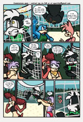 2026 5_fingers 5_toes absurd_res amy_rose anthro archie_comics balls beach bikini blue_body blue_eyes blue_fur blush blush_lines bottomless bottomless_anthro bottomless_male butt butt_slap clothed clothing comic embarrassed embarrassing_nudity english_text eulipotyphlan feet fingers fur genitals geoffrey_st._john green_handkerchief green_kerchief group hair handkerchief hedgehog hi_res humiliation kelp kerchief lake male mammal mephitid multicolored_body multicolored_fur multiple_scenes net nude nude_anthro nude_female nude_male pink_body pink_fur purple_body purple_eyes purple_fur purple_quills quills_(anatomy) red_body red_fur rodent sciurid seaweed sega skunk slap sonic_(series) sonic_the_hedgehog_(archie) sonic_the_hedgehog_(comics) sonic_the_hedgehog_(series) sqootshy swimming_trunks swimwear tan_arms tan_mouth text toes trapped_in_net tree_squirrel two-piece_swimsuit volleyball_net white_body white_fur white_hair white_mouth yellow_handkerchief yellow_kerchief