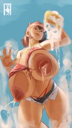 1girls against_glass big_breasts bra breasts brown_hair cleaning cleaning_windows denim_shorts dvn female huge_breasts mole_on_breast original_character short_shorts smile soap sponge thong top_heavy visor_cap washing_car