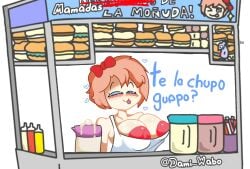 1girls almost_naked apron apron_only areolae breasts dami_wabo female female_only nipple_slip nipples public saori_(the_p-club) solo solo_female spanish_text tagme talking_to_viewer the_p-club