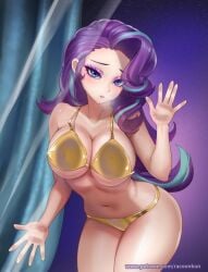 1girls 2020s 2026 5_fingers against_glass alternate_skin_color anime_style bent_over breasts breasts_against_glass equestria_girls eyeshadow fanart_from_twitter female friendship_is_magic full_body gold_bikini golden_week hentai huge_breasts human humanized light-skinned_female light_skin long_hair looking_at_viewer my_little_pony no_ai patreon_url purple_hair racoonkun solo standing starlight_glimmer two-tone_hair