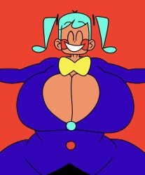 1girl blue_hair cleavage female hatsune_miku hatsune_miku_(static) huge_ass huge_breasts large_breasts red_background rosy_cheeks smile smiley_face smiling_at_viewer solo solo_female solo_focus static_(flavor_foley) thick_thighs