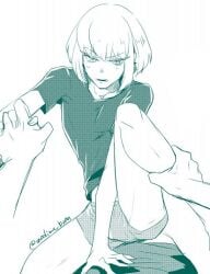 1femboy 2boys androgynous anon anonymous_male blush blushing blushing_at_viewer bob_cut bulge femboy feminine_faced_male feminine_male hand_holding leg_grab lio_fotia looking_at_viewer monochrome nervous on_top oversized_shirt petite petite_body petite_male pov promare short_hair short_male shy size_difference slim slim_male slim_waist solo solo_focus thin_waist twink