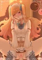 1boy 1girl absurdres akiyama_mizuki blonde_hair blush border bow bowtie breasts brown_ribbon cake center_frills chocolate_cake commentary dot_nose food frills green_bow green_bowtie green_ribbon hair_ribbon heart heart_in_eye hetero highres himitsu_no_valentine_daisakusen!_(project_sekai) holding_another's_wrists inset_border kaitou_shinshi_no_harahara!?_white_day_(project_sekai) long_hair long_sleeves looking_at_viewer medium_breasts neck_ribbon official_alternate_costume official_alternate_hairstyle open_mouth ornate_border out_of_frame penis pink_eyes project_sekai puffy_long_sleeves puffy_sleeves pussy raised_inner_eyebrows ribbon sex shirt sidelocks sincerelyasmos smile solo_focus spread_legs symbol_in_eye tenma_saki twintails vaginal very_long_hair white_shirt
