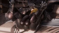 3_toes biomechanical black_body blade_wolf canid canine canis clawed_feet cybernetics english english_dialogue english_text facemask flaccid flaccid_penis gariyuu_(artist) glistening glistening_body glossy glossy_balls glossy_body glossy_finish glossy_penis knife konami long_tail male male_focus male_only metal_gear metal_gear_rising metal_gear_rising:_revengeance metal_gear_solid on_back on_bed platinum_games presenting presenting_ass presenting_balls presenting_hindquarters presenting_penis quadruped robot sharp_claws sharp_teeth solo solo_focus solo_male tail teeth watermark weapon weapons wolf