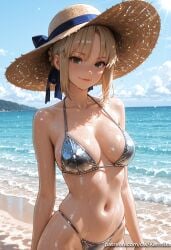 1girl ai_generated artoria_pendragon bangs bare_shoulders beach bikini blonde_hair blue_ribbon blue_sky blush braid breasts closed_mouth cloud collarbone day fate/grand_order fate/stay_night fate_(series) green_eyes hair_ribbon hat kermixx looking_at_viewer medium_breasts navel ocean outdoors ribbon shiny shiny_clothes shiny_skin sidelocks skindentation sky smile solo stomach straw_hat sun_hat sunlight swimsuit water web_address wet