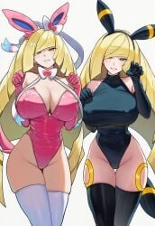 ai_generated big_breasts blonde_hair circle_ueponzu cynthia_(pokemon) huge_breasts looking_at_viewer lusamine_(pokemon) pokemon sylveon_(cosplay) umbreon_(cosplay)
