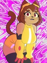 anthro big_ass big_breasts big_thighs brown_fur cat_ears cat_tail catgirl gameoverse goofy_horns kit_(gameoverse) solo thigh_squish thighhighs thighs