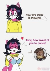 aroused artist_logo belly_button bisexualphoenix blue_bra blue_eyes boobs bra bra_strap bra_strap_is_showing_(meme) breasts brown_eyes brown_fur cleavage comic dark_hair eyelashes eyelids eyes_closed female_fox flashing flashing_breasts halfbody happy heart lifting_sweater meme nervous nipples_visible_through_clothing nude_below_waist offscreen_character pink_fur shaking star_jackson surprised sweater sweating tail tits vixen white_fur wolf yellow_sweater zak_the_wolf