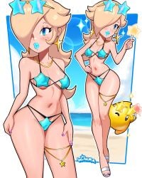 1girls alternate_version_available bare_hips big_breasts big_lips bikini bikini_bottom bikini_top bimbo bimbo_lips blonde_hair blue_bikini blue_eyes blue_lips blue_lipstick blush bottomwear breasts cleavage close-up ear_piercing earrings female female_focus footwear full_body hair hair_over_one_eye hand_on_hip headwear hips holding_object jewelry legs lips lipstick long_hair luma mario_(series) multiple_views nail_polish nails necklace neckwear nintendo one_eye_closed parted_lips popsicle princess_rosalina purple_nail_polish purple_nails sandals sparkles star star_bikini star_earrings sunglasses sunglasses_on_head swimwear thick_lips thigh_strap thighs toenail_polish toenails topwear wide_hips wiluma