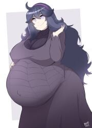 1girl absurdres ahoge bayoshii big_belly breasts covered_navel dress female_focus hairband hex_maniac hex_maniac_(pokemon) hex_maniac_(pokemon_xy) highres huge_breasts long_hair looking_at_viewer matching_hair/eyes nail_polish nails_painted nintendo pokemon pokemon_x_and_y pregnant purple_dress purple_eyes purple_hair simple_background solo super_belly