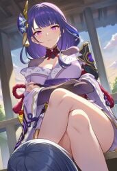 1boy 1girls 2026 ai_generated arms_crossed big_ass big_breasts big_thighs blushing day exposed_breasts exposed_legs female female_focus genshin_impact hoyoverse legs_crossed long_hair looking_at_another lunealter mature_female mihoyo neutral_expression pale-skinned_female pale_skin purple_eyes purple_hair raiden_shogun sfw sitting thick_ass thick_hips thick_legs thick_thighs