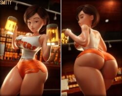 1girls alcohol beer beer_mug big_ass black_eyes bouncing_breasts breasts cleavage cleavage_overflow clothed_female disney elastigirl female female_focus hairy_pussy helen_parr heroine holding_object hooters hooters_uniform huge_breasts jiggle jiggling_ass jiggling_breasts large_hair looking_at_viewer mature_female midriff milf navel nerd panties plump restaurant short_shorts skindentation smile smitty34 solo tank_top teasing the_incredibles thick_thighs tight_clothing waitress wide_hips