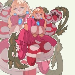 blonde_hair blue_earrings bodysuit cleavage crown curvy curvy_female elidan_art huge_breasts mario_(series) nintendo pasties pink_bodysuit pink_lipstick piranha_plant princess_peach sitting sitting_on_another smile sticker super_mario_bros. thick_lips