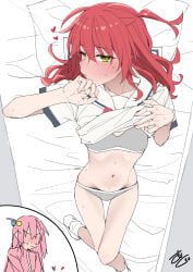 1girls artist_request belly belly_button belly_cutout belly_fetish belly_outline blush blushing bocchi_the_rock! calvin_klein_underwear female female_only from_above from_above_view gotou_hitori green_eyes grey_underwear hands heavy_blush heavy_blushing hips hips_outline imminent_sex imminent_yuri kita_ikuyo knees legs looking_at_viewer lying lying_on_back lying_on_bed midriff midriff_cutout midriff_exposed midriff_focus midriff_showing navel navel_cutout navel_fetish navel_line navel_outline on_bed panties_down perfect_belly red_hair ribcage ribs seducing seduction seductive seductive_body seductive_gaze seductive_look seductive_pose sexy_body sexy_female sexy_hips shirt_lift shirt_up short_hair suggestive suggestive_look suggestive_pose sweat sweatdrop teen teen_girl teenage teenage_female teenage_girl teenager thighs thin thin_female thin_thighs thin_waist top_view tummy underwear