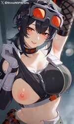 ai_generated artist_name black_hair blush female goggles grace_howard headgear large_breasts long_hair looking_at_viewer nipples partially_clothed red_eyes shineinsfw shiny_skin smile solo sweat wet_skin zenless_zone_zero