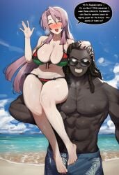 1boy 1boy1girl 1girls abs absurd_res ai_generated beach big_breasts bikini blacked blush breast carrying_another cheating closed_eyes cuckold cuckold_pov cuckolding curvy dark-skinned_male dark_skin day daytime dialogue dreadlocks english english_text feet hand_on_another's_head hand_on_head hazakura151 interracial light-skinned_female light_skin long_hair looking_at_viewer muscular_male netorare ootori_kanae_(soukou_akki_muramasa) open_mouth outdoors pan-african_colors pan-african_flag pan-african_flag_bikini pan_african_colors pink_hair pov pov_male qos queen_of_spades sand sea seaside shoulder_carry sitting sitting_on_shoulders smile snowbunny soukou_akki_muramasa speech_bubble steam sun sunglasses sunlight sunny sweat sweatdrop sweating swim_trunks text text_bubble thick waving waving_at_viewer wet wet_body