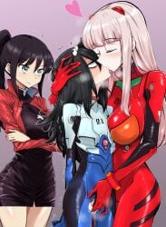 3girls bags_under_eyes black_dress black_hair blush bodysuit breasts closed_eyes commentary_request commission commissioner_upload cosplay cross cross_necklace dress drooling female_ejaculation female_only female_orgasm fingering green_eyes grey_eyes heart heavy_breathing highres ikari_shinji ikari_shinji_(cosplay) interface_headset_(evangelion) jacket jewelry katou_asuka katsuragi_misato katsuragi_misato_(cosplay) kiss kuroki_tomoko large_breasts lesbian_kiss long_hair mecha_pilot_suit multiple_girls necklace orgasm pixiv_commission plugsuit_(evangelion) ponytail pussy_juice red_jacket rolling_eyes sasaki_fuuka small_breasts souryuu_asuka_langley souryuu_asuka_langley_(cosplay) torn_bodysuit torn_clothes trembling ufufuto watashi_ga_motenai_no_wa_dou_kangaetemo_omaera_ga_warui! yuri