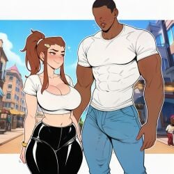 1boy 1girls ai ai_generated big_breasts brigitte brunette clevage confused_look curvaceous curvy curvy_female curvy_figure dark-skinned_male horny latex_clothing latex_legwear overwatch prussia123 sexy sexy_body sexy_clothing sexy_female snowbunny thick_ass thick_legs thick_thighs white_crop_top