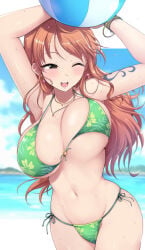 1girl absurdres arm_up arms_up bangle beach bikini blue_sky blush bouncing_breasts bracelet breasts brown_eyes cleavage cloud collarbone commentary_request cowboy_shot curvy day earrings female female_only floral_print green_bikini hat highres holding horns imminent_wardrobe_malfunction jewelry kasai_shin large_breasts log_pose long_hair nami_(one_piece) navel necklace o-ring o-ring_bikini ocean one_eye_closed one_piece open_mouth orange_hair outdoors print_bikini shiny_skin side-tie_bikini_bottom sky standing stomach string_bikini swimsuit tattoo thong thong_bikini unaligned_breasts wardrobe_malfunction water wet wide_hips