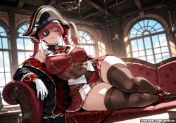 1girl ai_assisted ai_generated ascot bangs bare_shoulders black_legwear bodystocking bodysuit breasts buttons couch covered_navel curvaceous curvy curvy_female curvy_figure eyepatch female gloves hat heart hololive houshou_marine indoors jewelry large_breasts long_hair looking_at_viewer miyuai pirate_hat pleated_skirt red_eyes red_hair red_skirt skirt smile solo thick thick_ass thick_butt thick_hips thick_legs thick_thighs thighhighs thighs twintails virtual_youtuber voluptuous voluptuous_female wide_hips wide_thighs window yellow_eyes