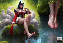 1girls ahri ahri_(league_of_legends) ai_generated animal_ears bare_legs bare_shoulders barefoot black_hair breasts cleavage day detached_sleeves facial_mark feet fox_ears fox_girl fox_tail korean_clothes large_breasts league_of_legends legs lips long_hair moss multiple_tails multiple_views nail_polish nature outdoors philon realistic rock sitting soaking_feet soles stable_diffusion tail toenails toes tree water wet whisker_markings yellow_eyes