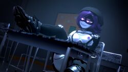 1girl 1girls 3d 3d_(artwork) 3d_model 3d_render 777bronzestar areola areolae belt black_panties black_skirt blender blender_(artwork) blender_(software) blender_cycles breast_press breasts collar drone erect_nipple erect_nipples eyebrows eyelashes female female_focus glitch_productions gloves glowing_eyes hat indoor indoors leg_on_table leg_up legwear looking_at_another medium_breasts murder_drones nipples panties pubic_hair purple_hair pussy pussy_lips robot robot_girl robot_humanoid school schoolgirl screen_face short_hair skirt skirt_lift sneakers solo solo_female solo_focus stockings uzi_(murder_drones) uzi_doorman