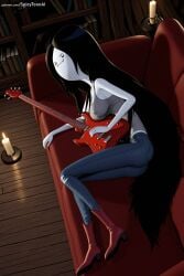 1girl acoustic_guitar adventure_time ai_generated bass_guitar black_hair breasts couch crossed_legs denim electric_guitar guitar hi_res high_heels high_quality high_resolution holding_instrument instrument jeans long_hair marceline music pants patreon playing_instrument seductive sexy sitting solo spicytoonai uncensored violin watermark