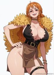 1girl ai_generated belt bracelet braid breasts brown_eyes choker cleavage covered_nipples earrings female female_only hand_on_hip huge_breasts jewelry large_breasts long_hair looking_at_viewer nami_(one_piece) no_panties one_piece one_piece:_elbaf_arc open_mouth orange_hair sakaro simple_background smile solo thigh_strap thighs white_background