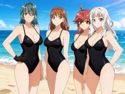 4girls ahoge ai_generated beach black_swimsuit blue_eyes blue_hair blue_sky breasts brown_eyes brown_hair cleavage clouds grey_eyes hanakai_momo high_school_dxd high_school_dxd_hero kusaka_reya large_breasts looking_at_viewer medium_hair meguri_tomoe ocean red_eyes red_hair sand short_hair smile standing swimsuit water white_hair yura_tsubasa