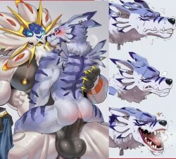 2boys ai_generated anal anthro ass balls bara blush canine clothes_removed digimon feline furry muscles muscular muscular_male nude penis pokemon solgaleo weregarurumon white_body white_fur wolf yaoi