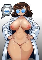 2d_(artwork) artist_sona big_breasts brown_hair emotionless emotionless_female female female_only glasses human innie_pussy interloper_(series) mynokis5 pussy shaved_pussy skyghost_(interloper) solo solo_female variant white_coat