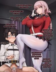 1girl ai_generated aibby blush blushing breasts caption chastity chastity_cage chastity_device cuck cucked_into_chastity cuckold cuckolding dialogue edited fate/grand_order fate_(series) female femdom florence_nightingale_(fate) fujimaru_ritsuka_(male) half_naked humiliation imminent_cuckold malesub small_penis small_penis_humiliation sph text tiny_penis uncensored voluptuous watermark